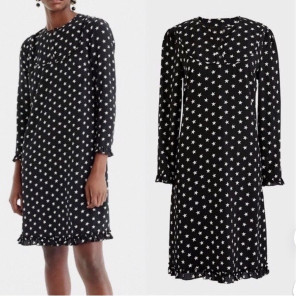 Like New J. Crew Collection Black Star‎ Print Silk Ruffle Dress